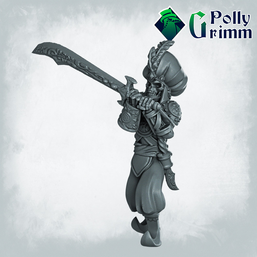 Fantasy and historic miniatures for tabletop games. Arabian Nightmare. Skeleton army. Soldier with two-handed scimitar
